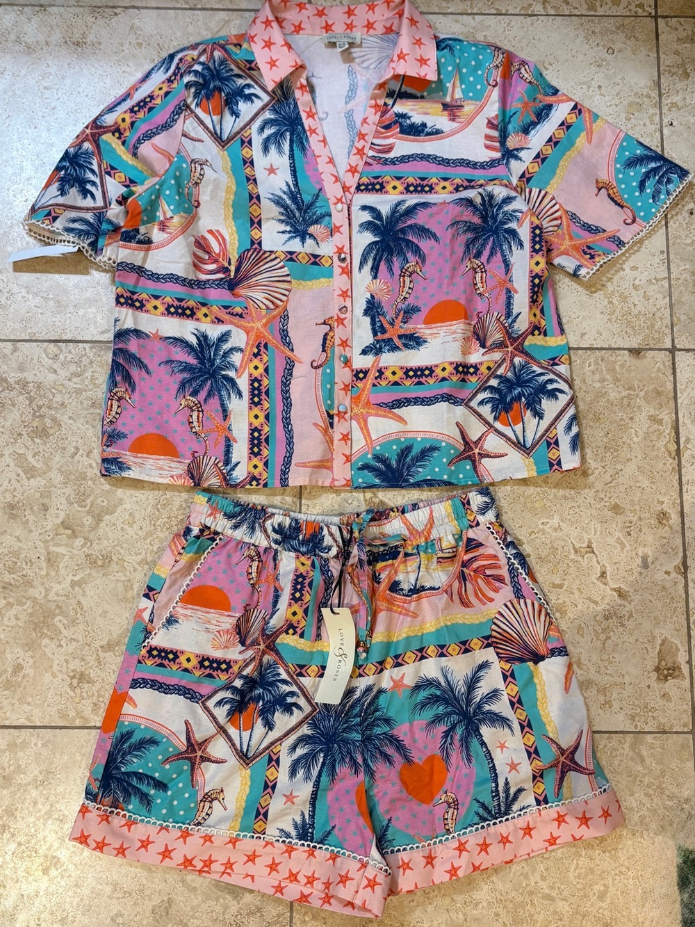 Pink Tropical Matching Shorts Button Down Set Beach Swim Cover Up size M
